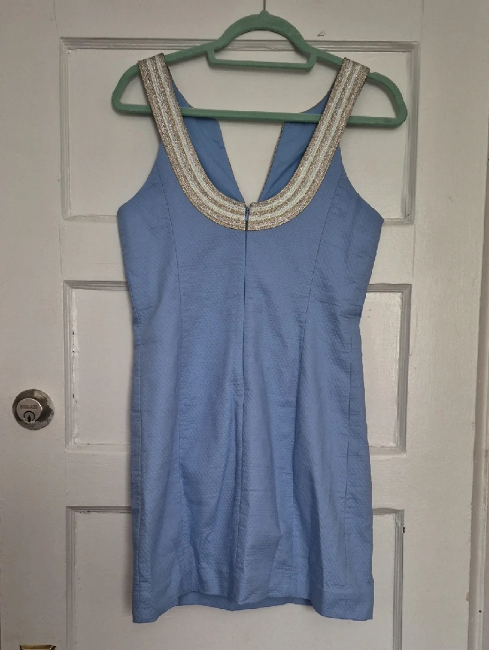 Lilly Pulitzer Powder Blue Sheath Dress with Gold Beaded V-Neck Size 4 - Picture 4 of 16